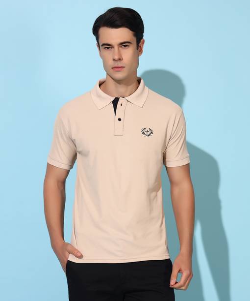 Christy World Men Solid Polo Neck Polyester Beige T-Shirt