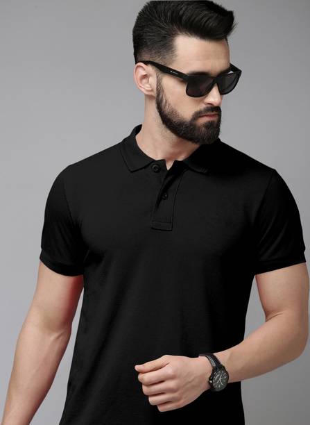 Solid Men Polo Neck Polycotton Black T-Shirt