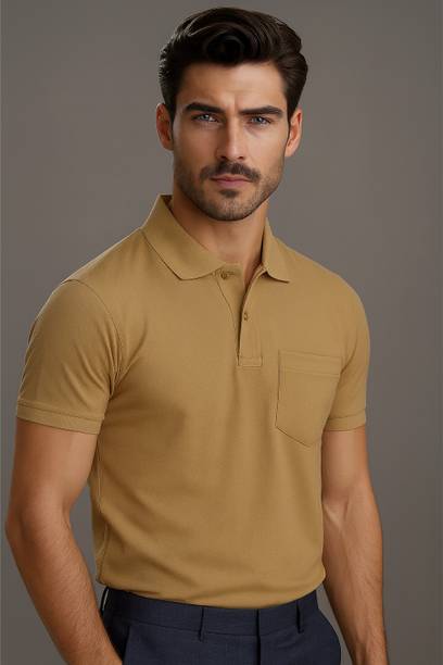 Men Solid Polo Neck Cotton Blend Beige T-Shirt