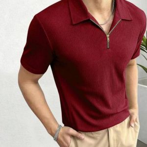 HouseOfCommon Men Solid Polo Neck Cotton Blend Maroon T-Shirt