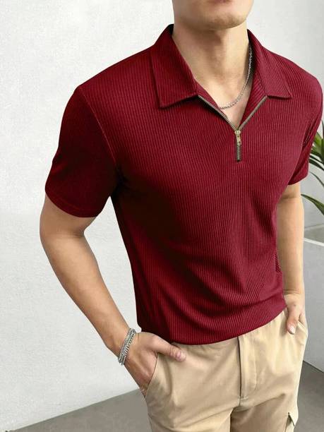 HouseOfCommon Men Solid Polo Neck Cotton Blend Maroon T-Shirt