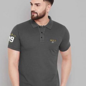 HouseOfCommon Men Solid Polo Neck Cotton Blend Grey T-Shirt