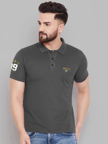 HouseOfCommon Men Solid Polo Neck Cotton Blend Grey T-Shirt
