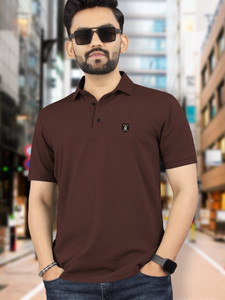 VeBNoR Self Design Men Polo Neck Brown T-Shirt