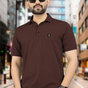 Men Self Design Polo Neck Polyester Brown T-Shirt