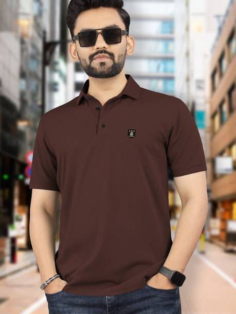 Men Self Design Polo Neck Polyester Brown T-Shirt