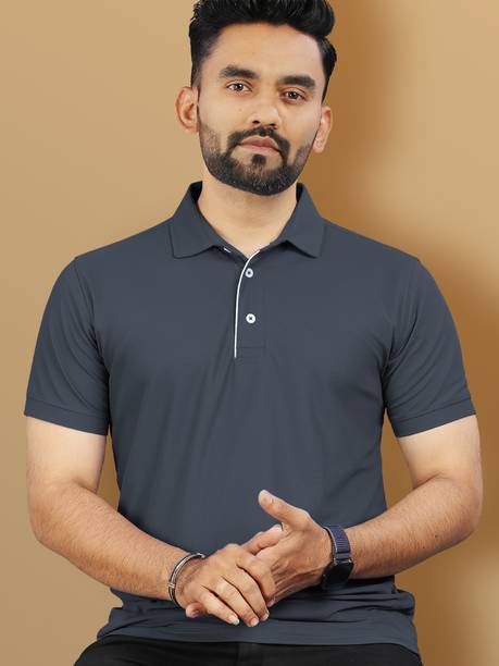 Men Solid Polo Neck Polyester Grey T-Shirt