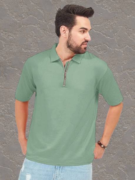 HouseOfCommon Men Solid Polo Neck Cotton Blend Green T-Shirt