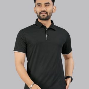 FTX Men Solid Polo Neck Polyester Black T-Shirt