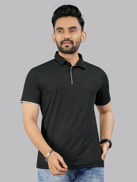 FTX Men Solid Polo Neck Polyester Black T-Shirt
