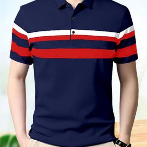 AUSK Men Striped Polo Neck Cotton Blend Navy Blue, Red T-Shirt