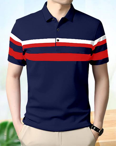 AUSK Men Striped Polo Neck Cotton Blend Navy Blue, Red T-Shirt