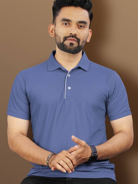 Men Solid Polo Neck Polyester Blue T-Shirt