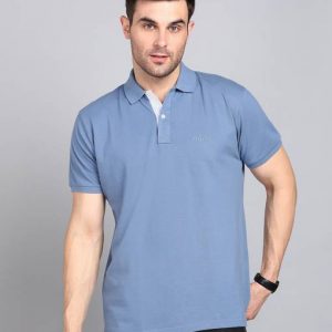 Men Solid Polo Neck Cotton Blend Light Blue T-Shirt