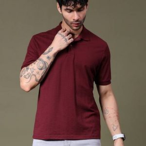 V-MART Men Solid Polo Neck Cotton Blend Maroon T-Shirt
