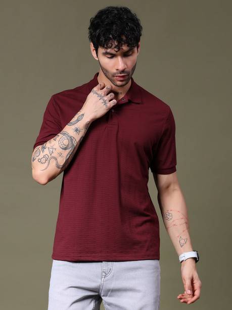 V-MART Men Solid Polo Neck Cotton Blend Maroon T-Shirt