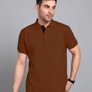Men Solid Polo Neck Cotton Blend Brown T-Shirt