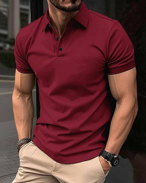 Men Solid Polo Neck Polyester Maroon T-Shirt